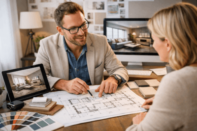 اختيار مصمم ديكور منزل يراجع مخطط تصميم داخلي مع العميل