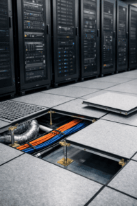 أرضيات مرتفعة avayo داخل مركز بيانات في الأردن مع نظام إدارة كابلات تحت الأرضية