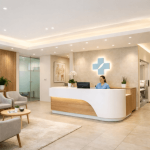 تصميم عيادات في عمان حديث مع منطقة استقبال وانتظار أنيقة