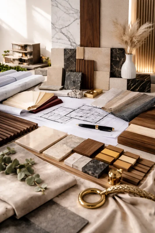 عينات مواد وتصميم داخلي تشمل خشب ورخام وأقمشة مع مخططات هندسية لمشروع في عمان