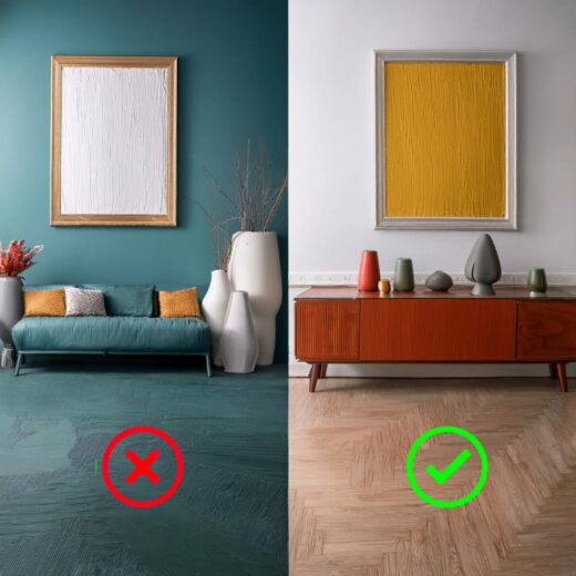 أخطاء التصميم الداخلي في غرفة معيشة مزدحمة بأثاث كبير وألوان غير متناسقة