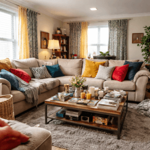 أخطاء التصميم الداخلي في غرفة معيشة مزدحمة بأثاث كبير وألوان غير متناسقة