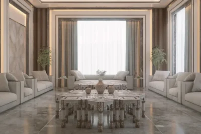 مصمم داخلي في عمان يصمم غرفة معيشة حديثة داخل فيلا فاخرة