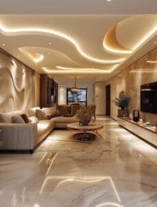 سقف جبس بورد knauf حديث مع إضاءة مخفية led في غرفة معيشة