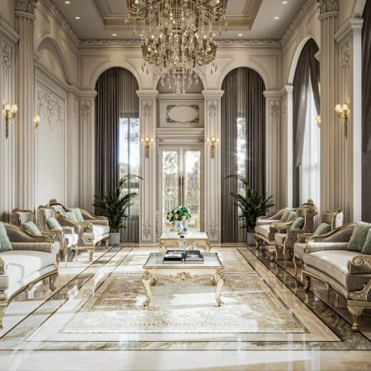ديكور منازل فاخرة لغرفة معيشة في فيلا راقية بأرضيات رخام وثريا كريستال وتصميم داخلي أنيق