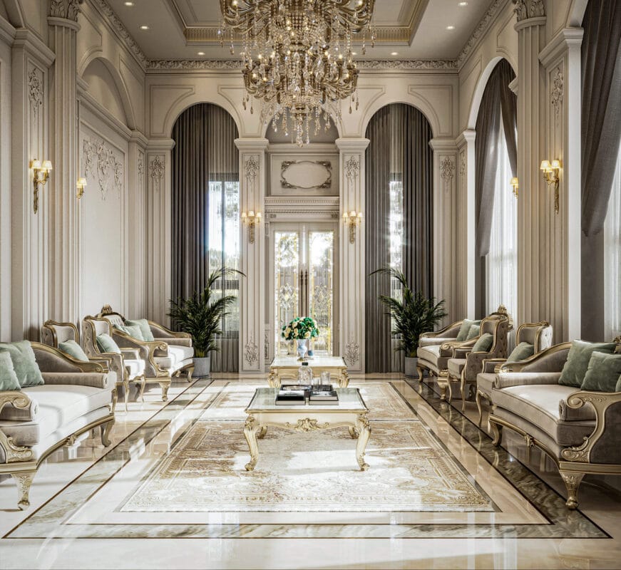 ديكور منازل فاخرة لغرفة معيشة في فيلا راقية بأرضيات رخام وثريا كريستال وتصميم داخلي أنيق