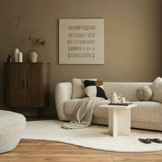 اتجاهات التصميم الداخلي الحديثة لغرفة معيشة مودرن بألوان حيادية ومواد طبيعية وإضاءة طبيعية