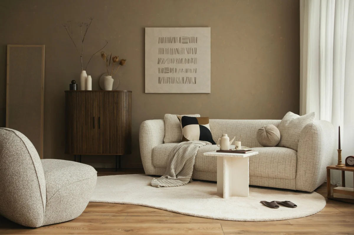 اتجاهات التصميم الداخلي الحديثة لغرفة معيشة مودرن بألوان حيادية ومواد طبيعية وإضاءة طبيعية
