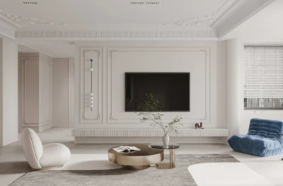 ديكور جدران مودرن لغرفة المعيشة باستخدام جبس بورد وبدائل الخشب مع إضاءة مخفية