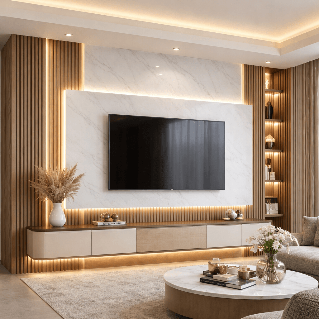 ديكور جدران مودرن لغرفة المعيشة باستخدام جبس بورد وبدائل الخشب مع إضاءة مخفية