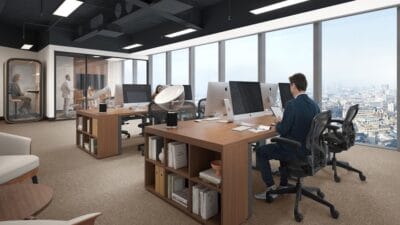 ديكور مكاتب شركات حديثة بتصميم مفتوح مع أثاث مكتبي عصري وإضاءة طبيعية