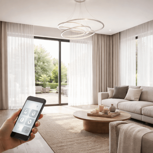 ستائر ذكية تعمل بمحركات Somfy داخل منزل حديث — أنظمة Somfy الذكية الأردن