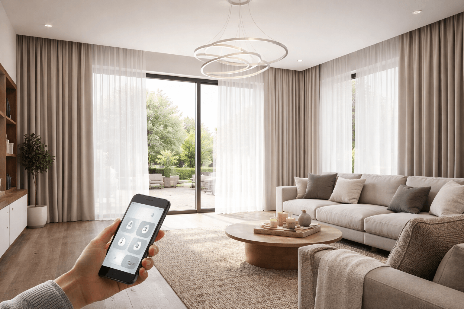 ستائر ذكية تعمل بمحركات somfy داخل منزل حديث — أنظمة somfy الذكية الأردن