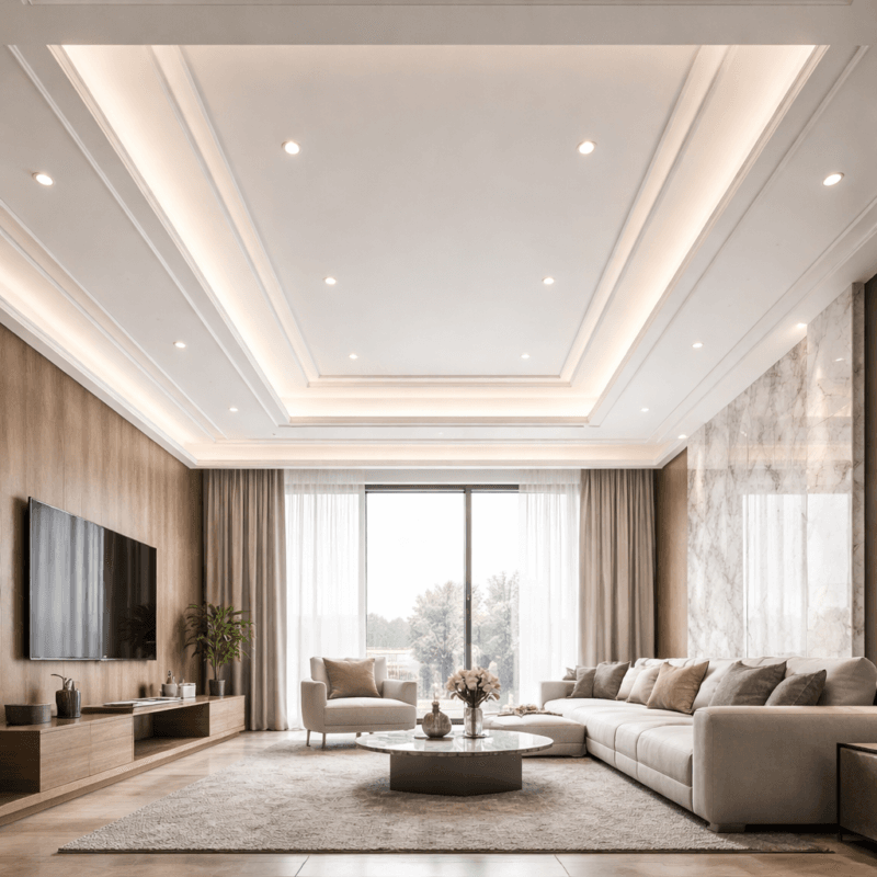 سقف جبس بورد حديث من USG Boral مع إضاءة مخفية داخل غرفة معيشة فاخرة في الأردن