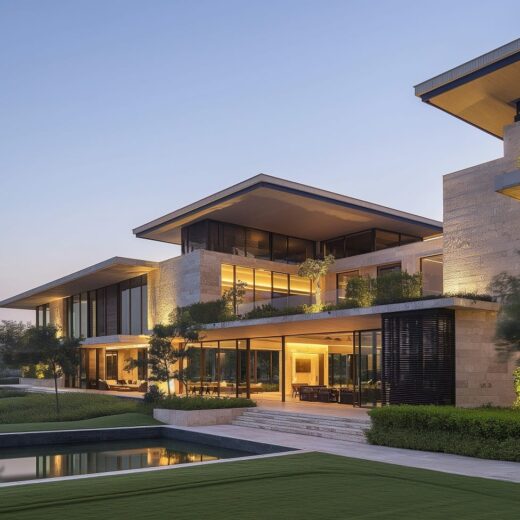 تصميم فلل في عمان — مهندس يراجع مخطط فيلا فاخرة حديثة