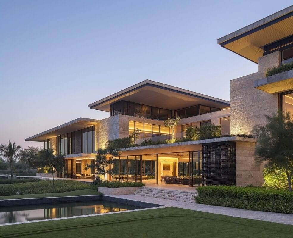 تصميم فلل في عمان — مهندس يراجع مخطط فيلا فاخرة حديثة