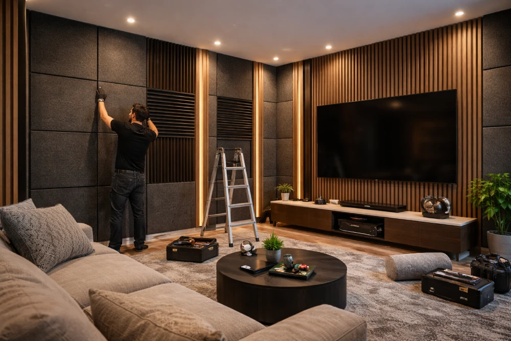 تركيب ألواح عزل صوت على الجدران داخل غرفة حديثة لتحسين جودة الصوت وتقليل الضوضاء