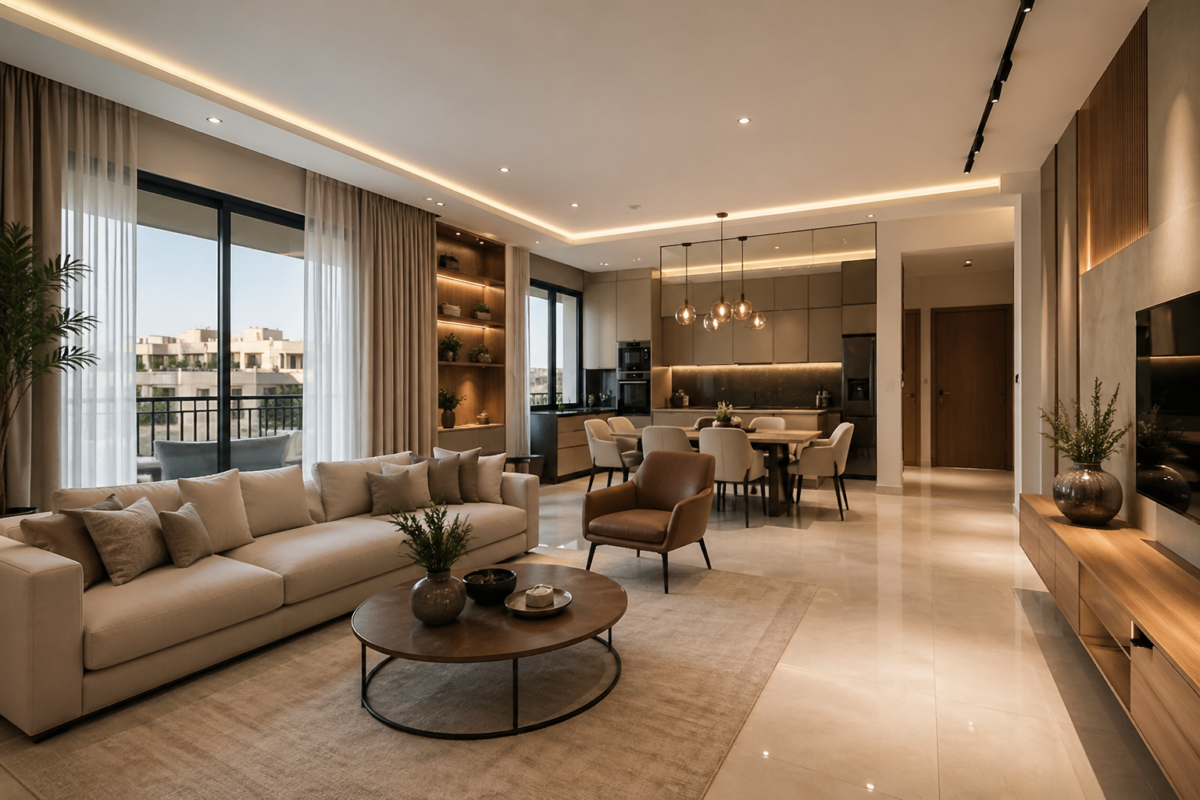 تصميم داخلي للشقق في عمان مع صالة ومطبخ مفتوح