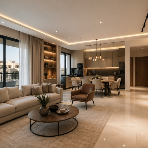 تصميم داخلي للشقق في عمان مع صالة ومطبخ مفتوح