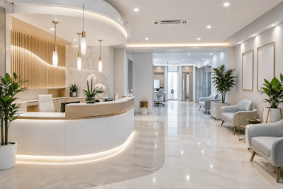 تصميم عيادات ومراكز طبية حديثة في الأردن مع استقبال أنيق ومساحة انتظار مريحة تعزز تجربة المرضى