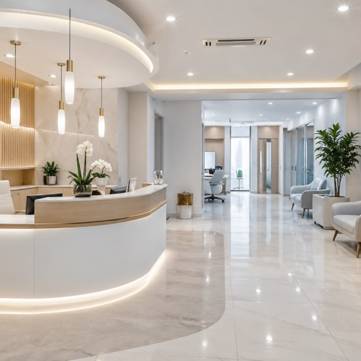 تصميم عيادات ومراكز طبية حديثة في الأردن مع استقبال أنيق ومساحة انتظار مريحة تعزز تجربة المرضى