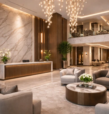 ديكورات الجدران الداخلية في الأردن لمشروع تجاري فاخر باستخدام بديل الرخام وبديل الخشب