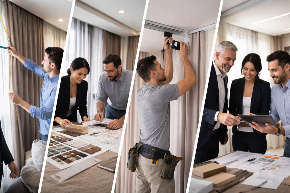 خطوات تصميم وتوريد وتركيب الستائر والأنظمة الذكية للستائر في عمّان من المعاينة حتى التنفيذ