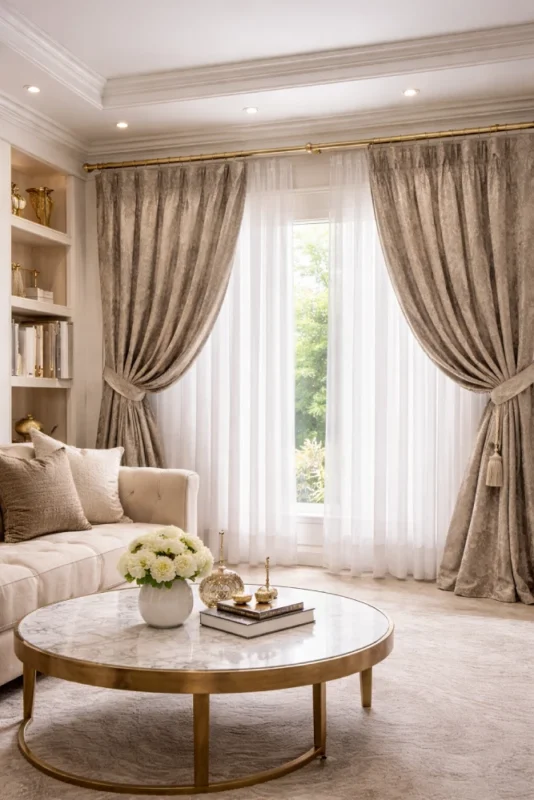 تصميم ستائر حسب الطلب داخل غرفة معيشة فاخرة في عمّان مع خامات عالية الجودة