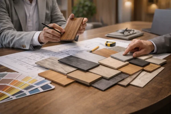 استشارات اختيار مواد التشطيب مع عرض عينات باركيه وبلاط داخل مشروع في الأردن