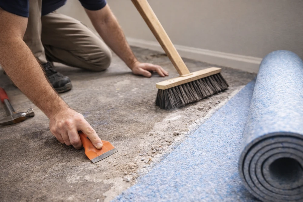 تجهيز الأرضية قبل تركيب السجاد والموكيت باستخدام أدوات تنظيف وتسوية