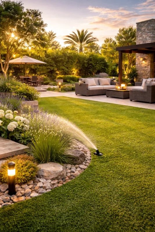 تنسيق حدائق في الأردن بتصميم حديث يشمل عشب صناعي وأنظمة ري وجلسات خارجية