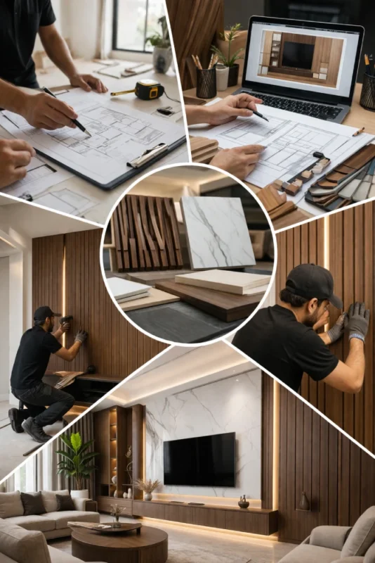 مراحل تنفيذ مشروع ديكور داخلي تشمل التصميم واختيار المواد وتركيب الكسوة الخشبية والتشطيب النهائي