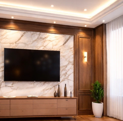 بديل الرخام للجدران في غرفة معيشة مع تصميم تلفزيون حديث