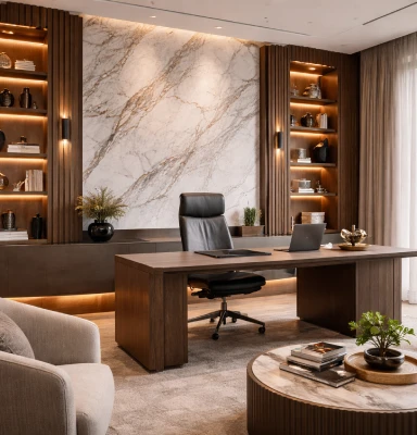 ديكورات الجدران الداخلية في الأردن لمكتب عصري باستخدام بديل الرخام وبديل الخشب