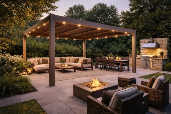 تصميم جلسات خارجية متكاملة مع برجولة حديثة وإضاءة في الأردن