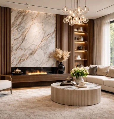 ديكورات الجدران الداخلية في الأردن لغرفة معيشة باستخدام بديل الرخام وبديل الخشب