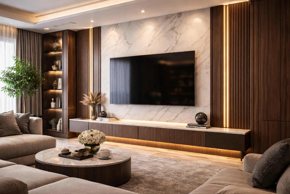 تصميم جدار تلفزيون عصري مع كسوة خشبية ولمسات رخامية وإضاءة مخفية في غرفة معيشة فاخرة