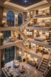 تصميم داخلي للفلل في الأردن لغرفة معيشة مودرن مفتوحة مع تشطيبات فاخرة