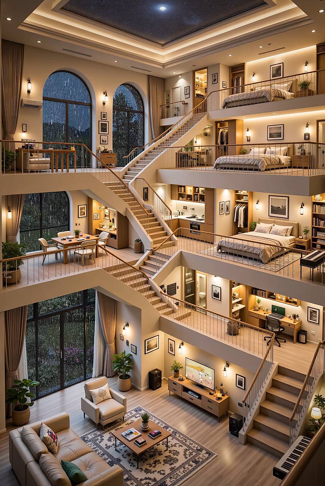 تصميم داخلي للفلل في الأردن لغرفة معيشة مودرن مفتوحة مع تشطيبات فاخرة