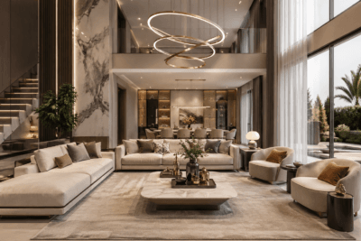 تصميم داخلي للفلل في الأردن لغرفة معيشة مودرن مفتوحة مع تشطيبات فاخرة