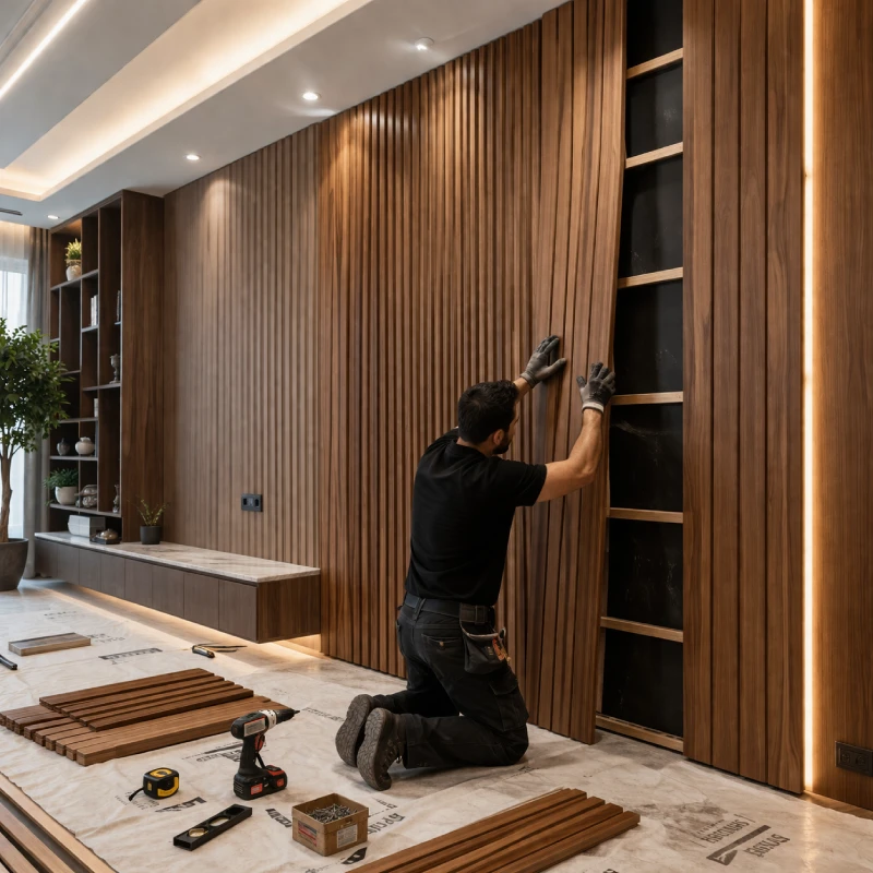 تركيب احترافي لكسوة جدران خشبية داخل مساحة داخلية مع تشطيب فاخر ودقة عالية
