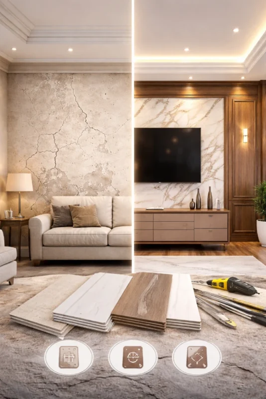 ديكورات الجدران الداخلية في الأردن قبل وبعد باستخدام بديل الخشب وبديل الرخام