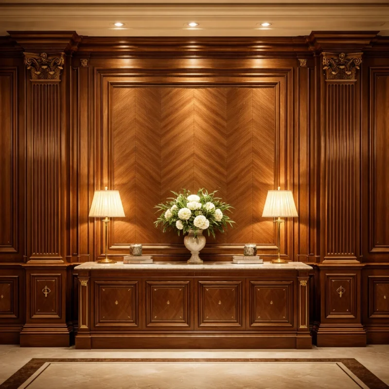 تصميم كسوة جدران خشبية فاخرة بنمط كلاسيكي مع إضاءة دافئة ولمسات ديكور أنيقة