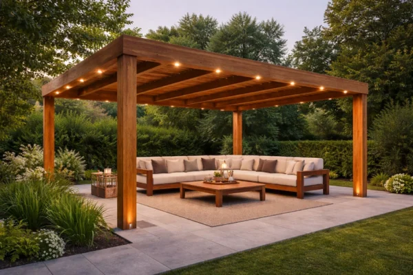 برجولات خشبية طبيعية بتصميم حديث مع جلسة خارجية في الأردن